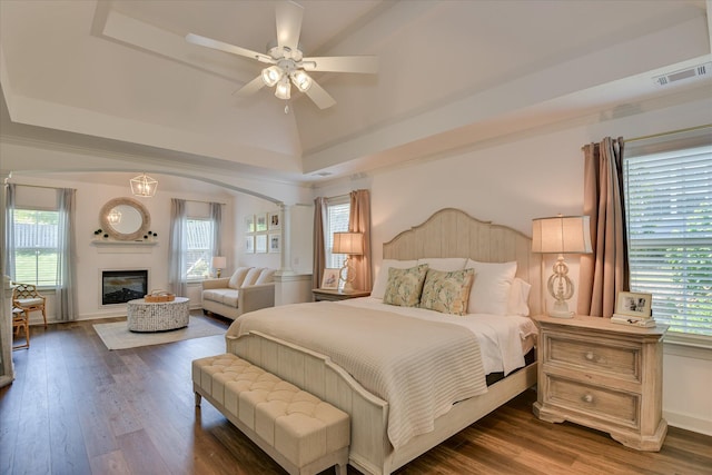 385 Bridle Path Rd, North Augusta, SC 29860 - bedroom with multiple windows, dark wood-style flooring, a raised ceiling, and arched walkways