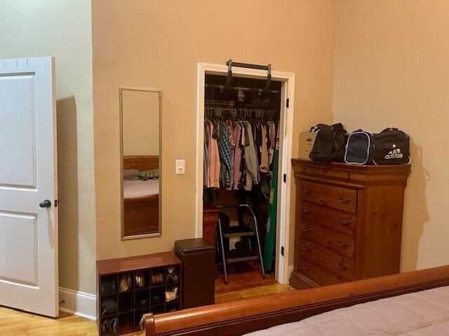 bedroom featuring wood-type flooring, a spacious closet, and a closet