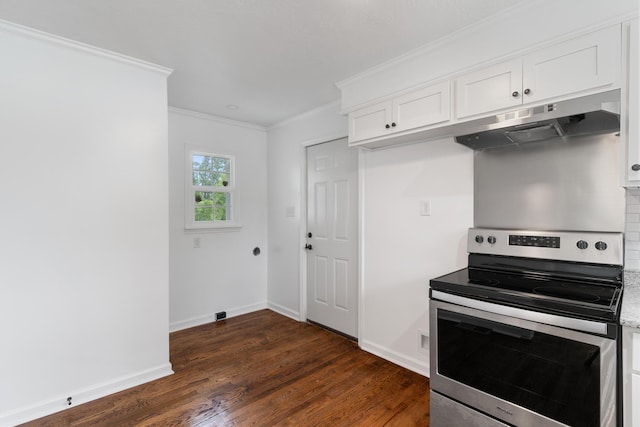 411 Warren Rd, Augusta, GA 30907 - kitchen with electric stove, under cabinet range hood, ornamental molding, white cabinetry, and dark wood-style flooring