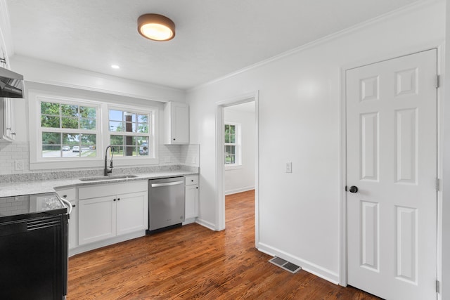 411 Warren Rd, Augusta, GA 30907 - kitchen featuring dishwasher, tasteful backsplash, crown molding, white cabinets, and plenty of natural light