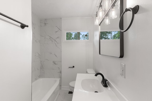 411 Warren Rd, Augusta, GA 30907 - bathroom with marble look tiles, plenty of natural light, vanity, bathing tub / shower combination, and ornamental molding