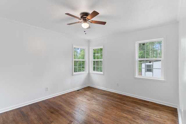 411 Warren Rd, Augusta, GA 30907 - empty room featuring dark wood-style floors, ceiling fan, and ornamental molding