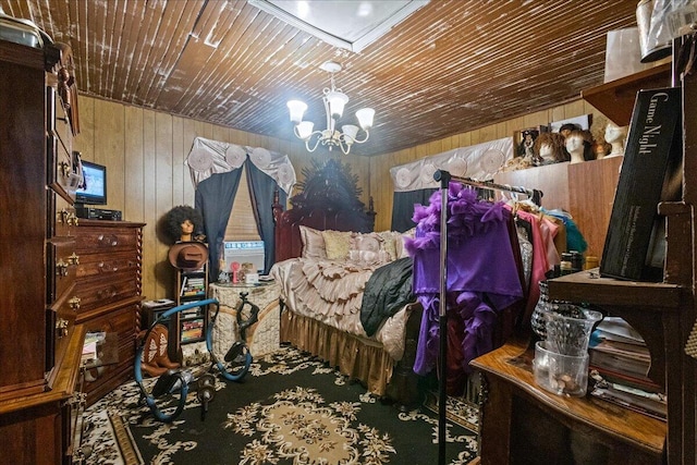 bedroom featuring wood ceiling, a notable chandelier, and wood walls