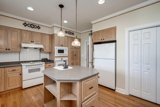 kitchen featuring decorative light fixtures, sink, decorative backsplash, light hardwood / wood-style floors, and white appliances