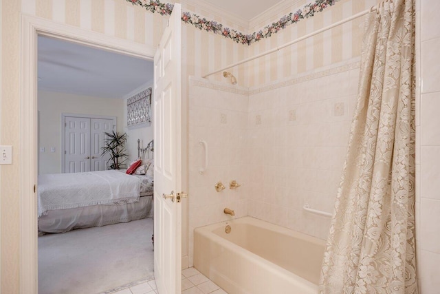 bathroom with ornamental molding, shower / bathtub combination with curtain, and tile patterned flooring