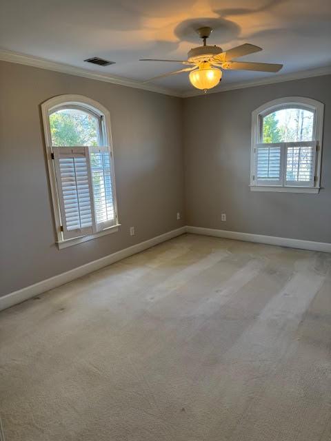 carpeted spare room with ornamental molding, plenty of natural light, and ceiling fan