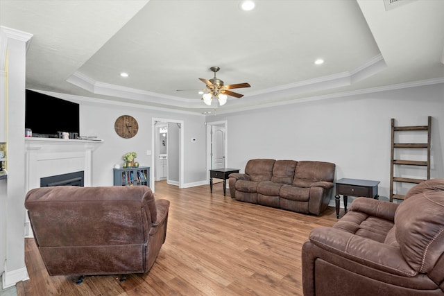 living area featuring a tray ceiling, light wood-style flooring, a fireplace, and ornamental molding