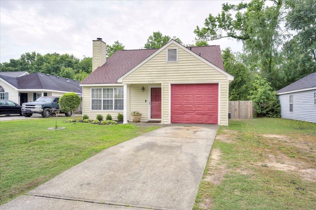 view of front of property with concrete driveway, an attached garage, a chimney, and a shingled roof
