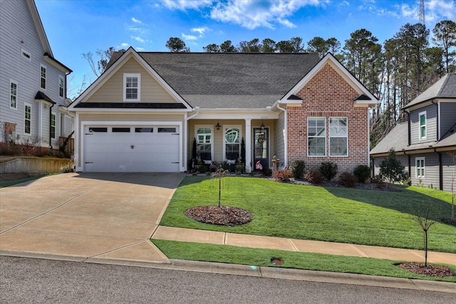 traditional home with brick siding, roof with shingles, concrete driveway, an attached garage, and a front lawn