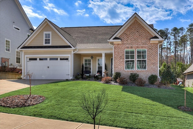 view of front of house featuring driveway, brick siding, a shingled roof, an attached garage, and a front yard