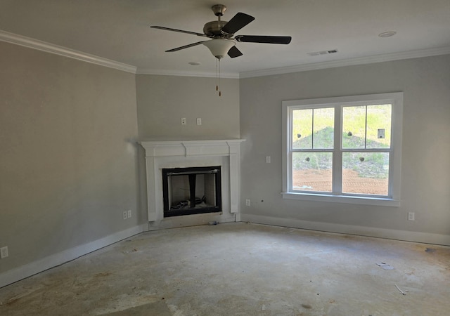 unfurnished living room with ceiling fan and crown molding