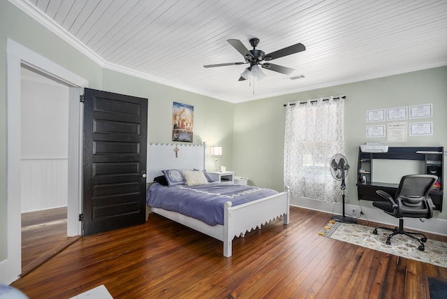 bedroom featuring wooden ceiling, crown molding, ceiling fan, and dark wood-type flooring