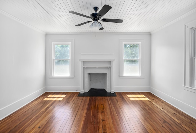 unfurnished living room featuring ceiling fan, crown molding, wooden ceiling, and dark wood-type flooring