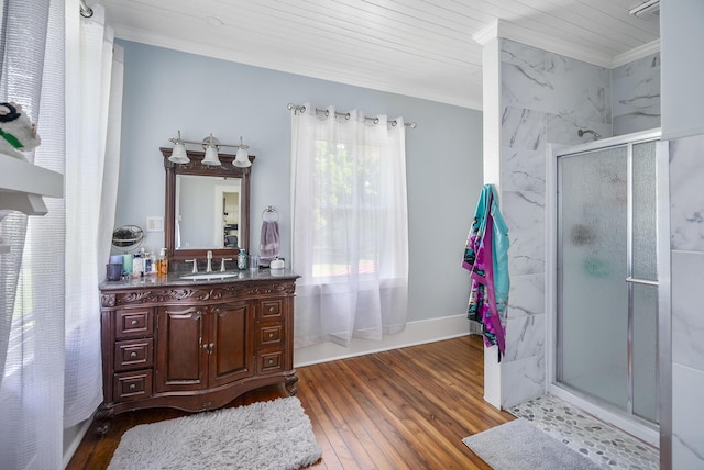 bathroom with vanity, wood ceiling, an enclosed shower, and hardwood / wood-style flooring