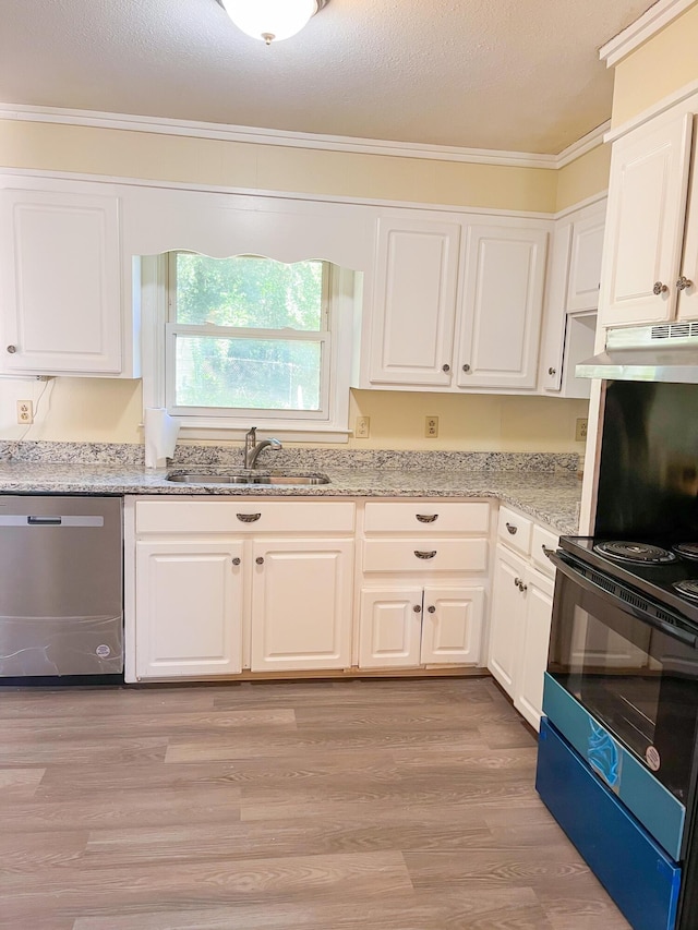 kitchen featuring white cabinets, stainless steel dishwasher, black electric range, under cabinet range hood, and a sink