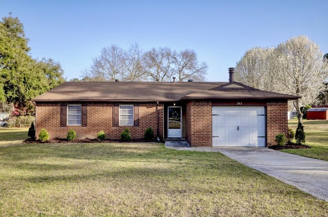 ranch-style house featuring brick siding, a front lawn, and a garage