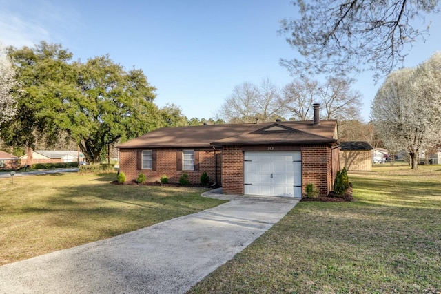 single story home featuring a garage, a front lawn, brick siding, and driveway