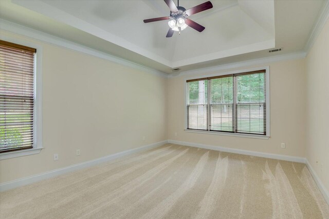 carpeted empty room featuring a raised ceiling, ceiling fan, and crown molding