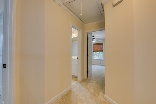 corridor featuring light colored carpet and ornamental molding