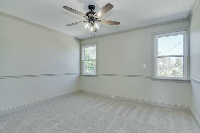 carpeted spare room featuring ornamental molding and ceiling fan