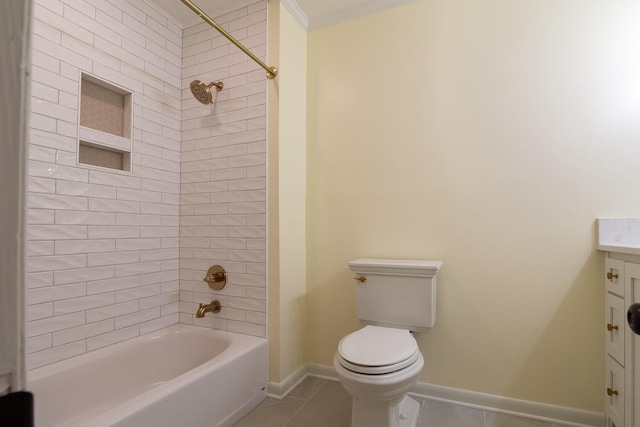 full bathroom with shower / bath combination, baseboards, toilet, tile patterned flooring, and vanity