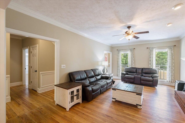 living room with crown molding, light hardwood / wood-style flooring, ceiling fan, and a textured ceiling