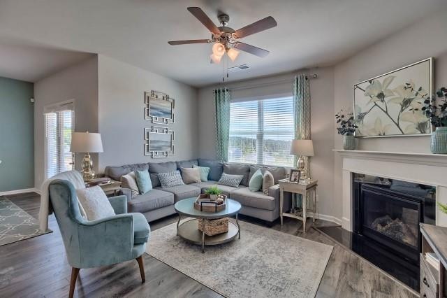 1253 Birch Cir, Grovetown, GA 30813 - living room with healthy amount of natural light, wood finished floors, a ceiling fan, and a glass covered fireplace