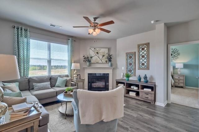 1253 Birch Cir, Grovetown, GA 30813 - living room featuring a glass covered fireplace, a ceiling fan, wood finished floors, and baseboards