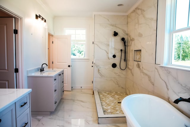 3540 Mistletoe Rd, Appling, GA 30802 - full bath featuring a tile shower, a freestanding bath, marble finish floor, vanity, and ornamental molding