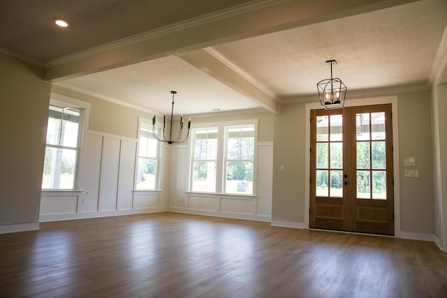 3540 Mistletoe Rd, Appling, GA 30802 - doorway to outside with a notable chandelier, french doors, dark wood-style flooring, ornamental molding, and a decorative wall