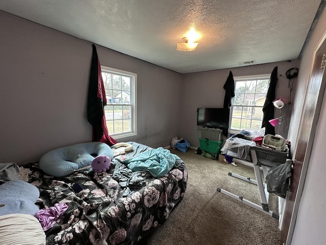 bedroom featuring a textured ceiling, carpet floors, and multiple windows