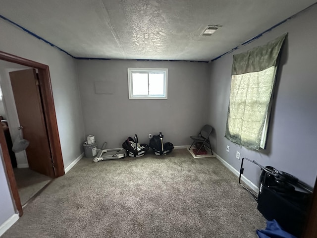 unfurnished room featuring carpet and a textured ceiling