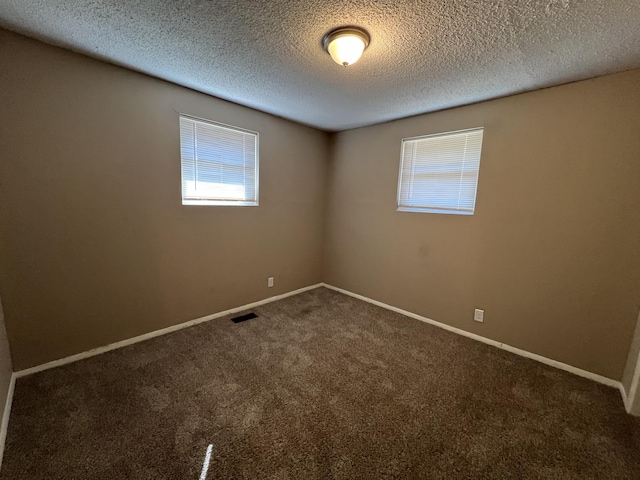 unfurnished room with a textured ceiling and carpet floors