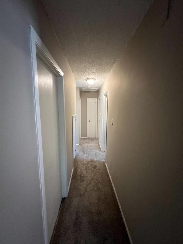 hall featuring carpet and a textured ceiling