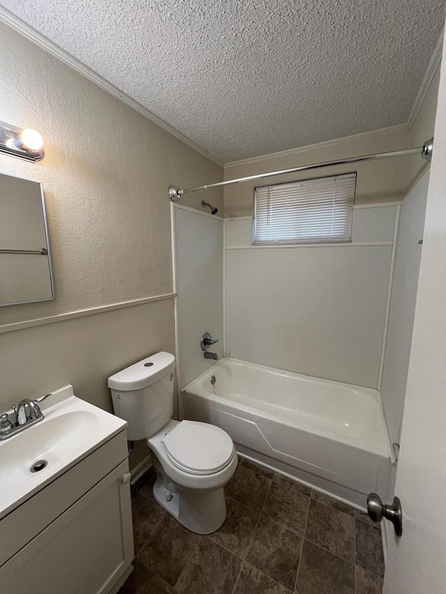 full bathroom with washtub / shower combination, a textured ceiling, and ornamental molding