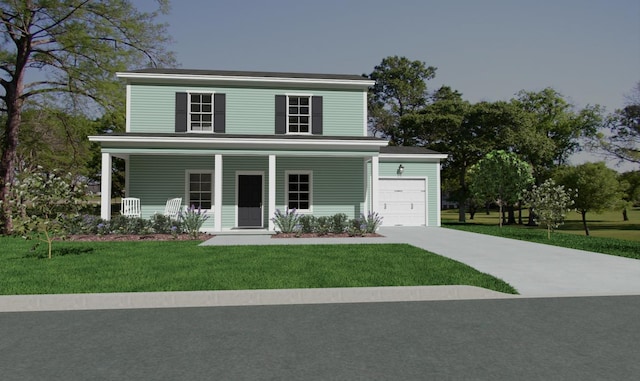 view of front of property featuring a garage, covered porch, and a front lawn