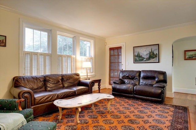 living room with hardwood / wood-style flooring and ornamental molding