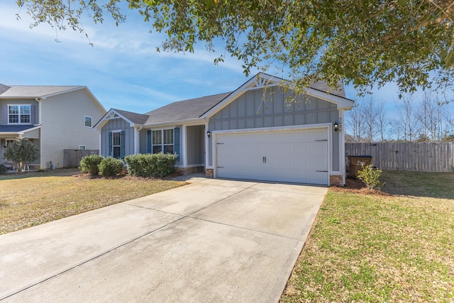 single story home featuring board and batten siding, driveway, a front lawn, and fence