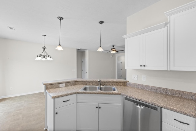 kitchen featuring visible vents, white cabinets, a peninsula, stainless steel dishwasher, and a sink