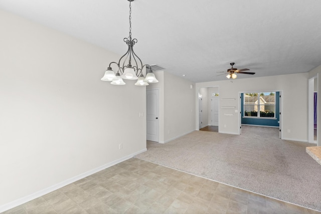 unfurnished room featuring light carpet, visible vents, baseboards, and ceiling fan with notable chandelier