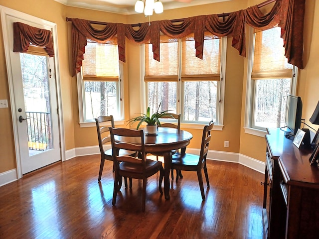 dining space featuring baseboards and dark wood-type flooring