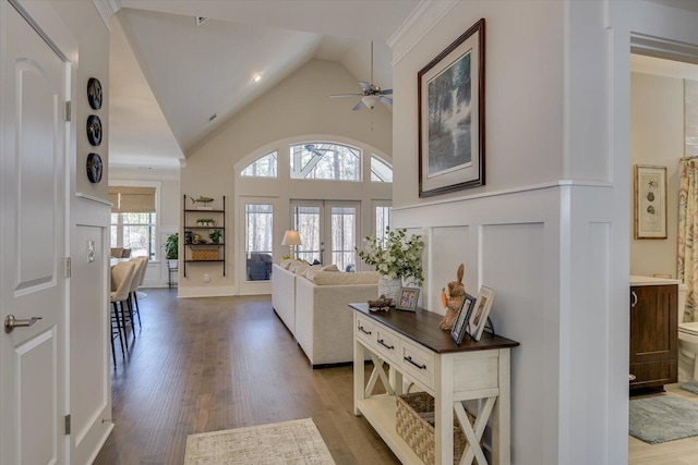 118 Bereau Dr, Mccormick, SC 29835 - entryway with a decorative wall, high vaulted ceiling, ceiling fan, and wood finished floors