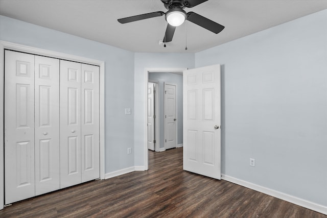 570 Lory Ln, Grovetown, GA 30813 - unfurnished bedroom with dark wood finished floors, a closet, and ceiling fan