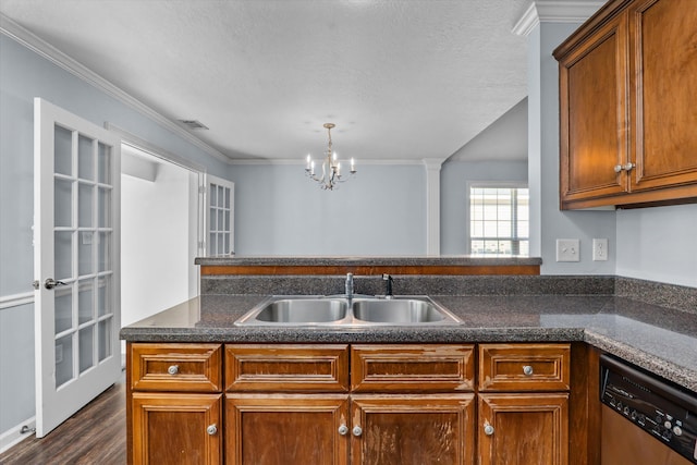 570 Lory Ln, Grovetown, GA 30813 - kitchen with stainless steel dishwasher, dark wood-style floors, a chandelier, brown cabinets, and crown molding