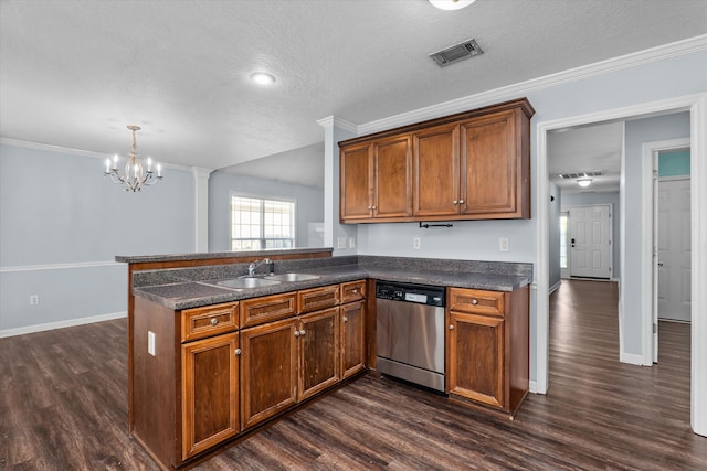 570 Lory Ln, Grovetown, GA 30813 - kitchen with dishwasher, dark wood-type flooring, a chandelier, a peninsula, and ornamental molding