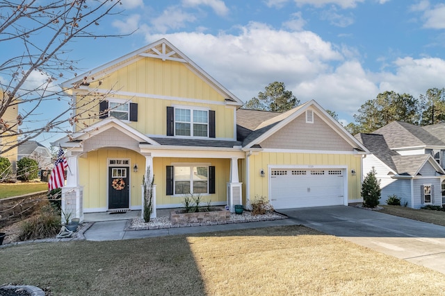 view of front of home with central air condition unit, a front lawn, a porch, and a garage