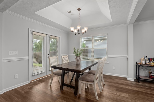 4894 Fairmont Dr, Graniteville, SC 29829 - dining room featuring a tray ceiling, plenty of natural light, a chandelier, dark wood-style flooring, and ornamental molding