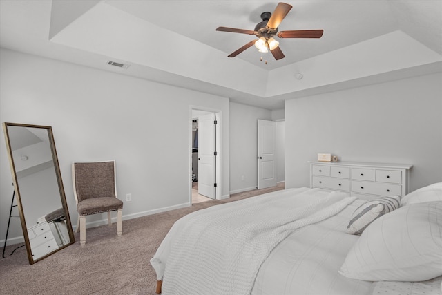 4894 Fairmont Dr, Graniteville, SC 29829 - bedroom featuring a tray ceiling, light colored carpet, baseboards, and a ceiling fan
