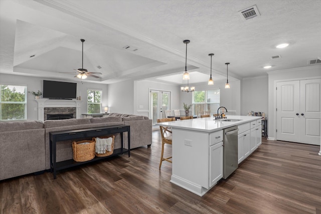 4894 Fairmont Dr, Graniteville, SC 29829 - kitchen featuring stainless steel dishwasher, a sink, dark wood-type flooring, a ceiling fan, and plenty of natural light