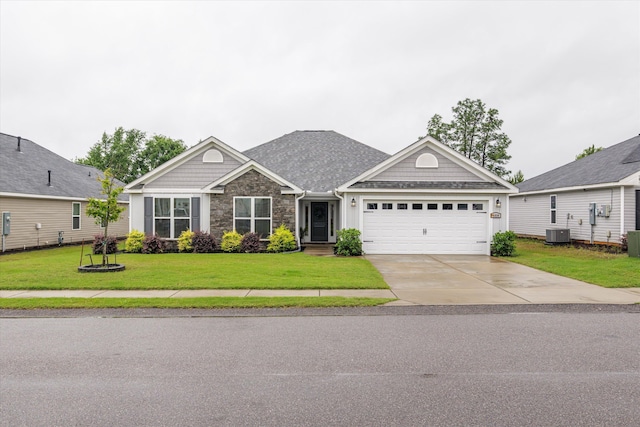 4894 Fairmont Dr, Graniteville, SC 29829 - craftsman-style house with an attached garage, concrete driveway, cooling unit, a front yard, and stone siding